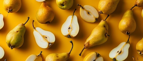 Wall Mural - Ultrawide healthy backdrop of ripe pears on a yellow background, some sliced to show the inside.