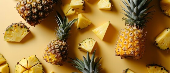 Wall Mural - Wallpaper with whole and sliced pineapples artistically arranged on a bright yellow background.