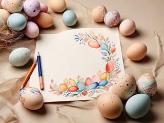 Wall Mural - Painted Easter eggs around a sheet of paper with space for text. Holiday greetings concept.