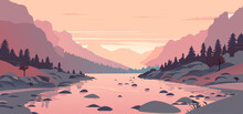 Vector Illustration Of Landscape With Mountains And River
