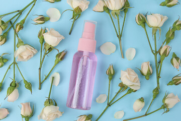 Wall Mural - face and body lotion with rose extract on a blue background, cosmetics for self-care, spa treatments