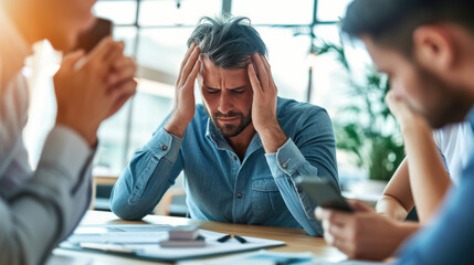 A stressed businessman in a suit holds his head in a gesture of frustration or headache