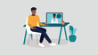 Vektor-Illustration  einer Person an einem Schreibtisch im Gespräch mit einem Arzt online auf einem Laptop - Health Concept