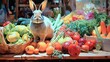A Californian rabbit surrounded by the vibrant colors of a bustling farmer's market.