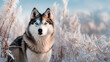 Siberian husky dog in a winter forest.