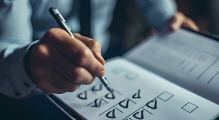 Wall Mural - A man holding a checklist file in his hand and checking it with a pen to tick correct sign mark in checkbox for quality document control checklist. generative AI