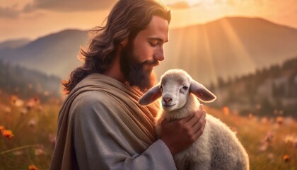 Wall Mural - Depiction of Jesus Christ as Shepherd - Jesus Christ holding a Lamb - Blessing to Humanity - Imagination of Redemption and Faith