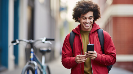 Poster - Close-up of a person's hands holding and using a smartphone with a red jacket on, and part of a bicycle handlebar is visible in the background.