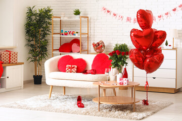 Canvas Print - Interior of festive living room with decorations for Valentine's Day celebration