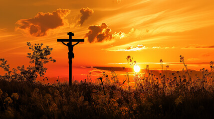 Wall Mural - jesus christ on a cross in a field at sunshine sunrise