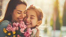 Little Child With Tulips Flowers With Mother Parent Mother Day