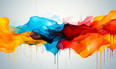 Poster - Vivid Abstract Swirls of Blue, Red, Yellow, and Orange Paint Flowing and Dripping on White Background