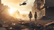 children kids walking in the destroyed war postapocalyptic city with helicopter flying above them