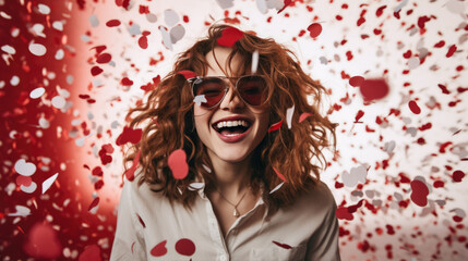 Poster - Woman with curly hair and sunglasses, surrounded by red rose petal confetti against a light blue background