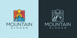 Mountain landscape geometric logo with sun sunset or sunrise rectangular abstract icon