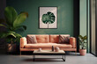 Green living room with peach color velvet couch, stylish interior design, generative ai