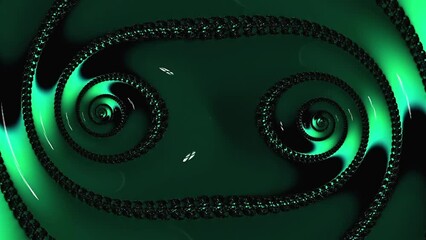 Wall Mural - Abstract swirl green fractal rotating on black background. Loop able backdrop animation