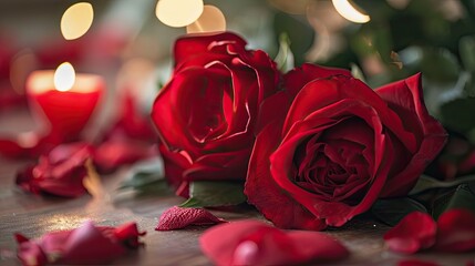 Sticker - Red roses and candles on wooden table. Valentines day background