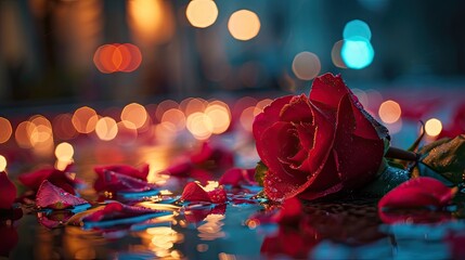 Poster - Red rose and rose petals on the background of bokeh lights