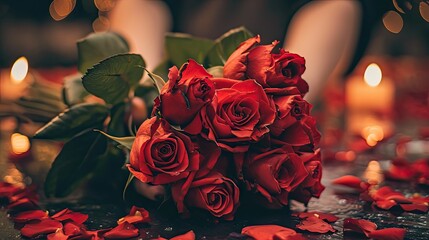 Wall Mural - Bouquet of red roses on the table with candles in the background