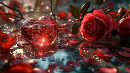 Sticker - Valentine's day background with red rose and glass heart