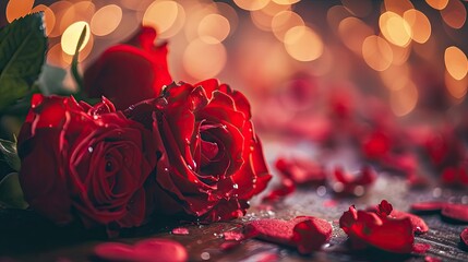 Sticker - Valentines day background with red roses and bokeh lights