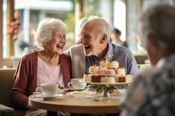 Wall Mural - A happy elderly couple celebrating their anniversary in a cafe