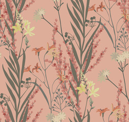 Wall Mural - Flowers and leaves in vintage style, seamless pattern.