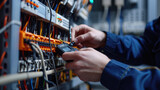 Fototapeta Panele - A technician in professional attire is carefully using a digital multimeter to check or troubleshoot an electrical panel
