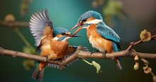 A Pair Of Common Kingfishers, Alcedo Atthis, Resting Gracefully On A Twig. Generative AI