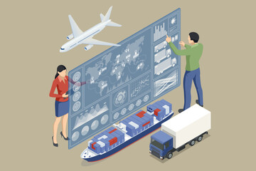 Wall Mural - Global logistics network. On-time delivery. Interactive panel for tracking cargo online.