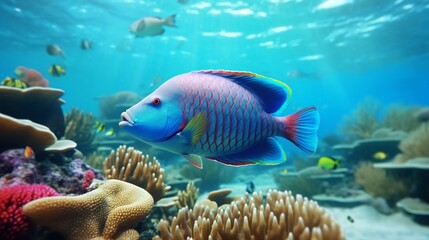  A Parrotfish in its serene underwater world, framed by the stunning biodiversity of the coral reef, a testament to the beauty of marine ecosystems.