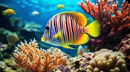  A Regal Angelfish (Pygoplites diacanthus) gracefully swimming through a vibrant coral reef in full ultra HD.