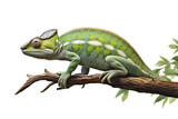 Fototapeta Zwierzęta - Left side view of a chameleon on top of a thin branch isolated on a clipped PNG transparent background. Chamaeleo melleri 
