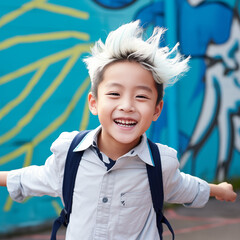 Wall Mural - Happy Asian boy with white hair ends hairstyle on the city street