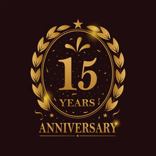 15 Years Anniversary Celebration. Golden Color, Vector Template Festive Illustration. Birthday Or Wedding Party Event Decoration.