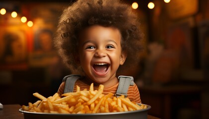 Wall Mural - Happy young child with fries 