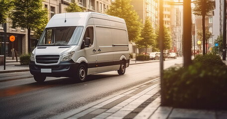 A Van Poised for Delivery, Parked Along a Vibrant City Street. Generative AI