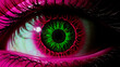 Glowing green eyes with a neon pink spiral expanding, creating an ethereal trance effect.