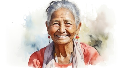 Wall Mural - watercolor portrait of cheerful elder woman,isolated on white background