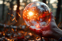 Hand Holding A Transparent Crystal Ball Against A Sunset Backdrop In The Forest, Reflecting The Warm Orange Light And Trees.