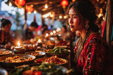 A Young Woman In Traditional Attire Enjoys A Festive Night Market Lit By Red Lanterns And Candles.