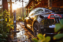 A Modern Electric Car Charging At A Home Station With The Warm Glow Of Sunset In The Background.