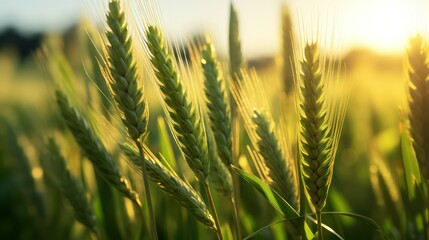 Wheat field. Ears of green wheat close-up. Beautiful Nature Sunset Landscape