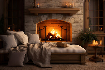 Wall Mural - Living room interior with fireplace