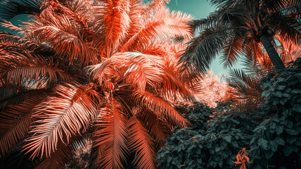 Wall Mural - branches of palm trees toned in living coral Generative AI