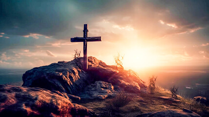 Wall Mural - calvary sunset background for good friday he is risen; generative AI