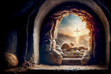 Fototapeta  - empty tomb of Jesus Christ at sunrise resurrection