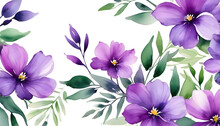 Watercolor Purple Floral Background. Purple Flowers With Leafs.