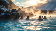 Active senior elderly group people swimming in blue lagoon Iceland geothermal spa